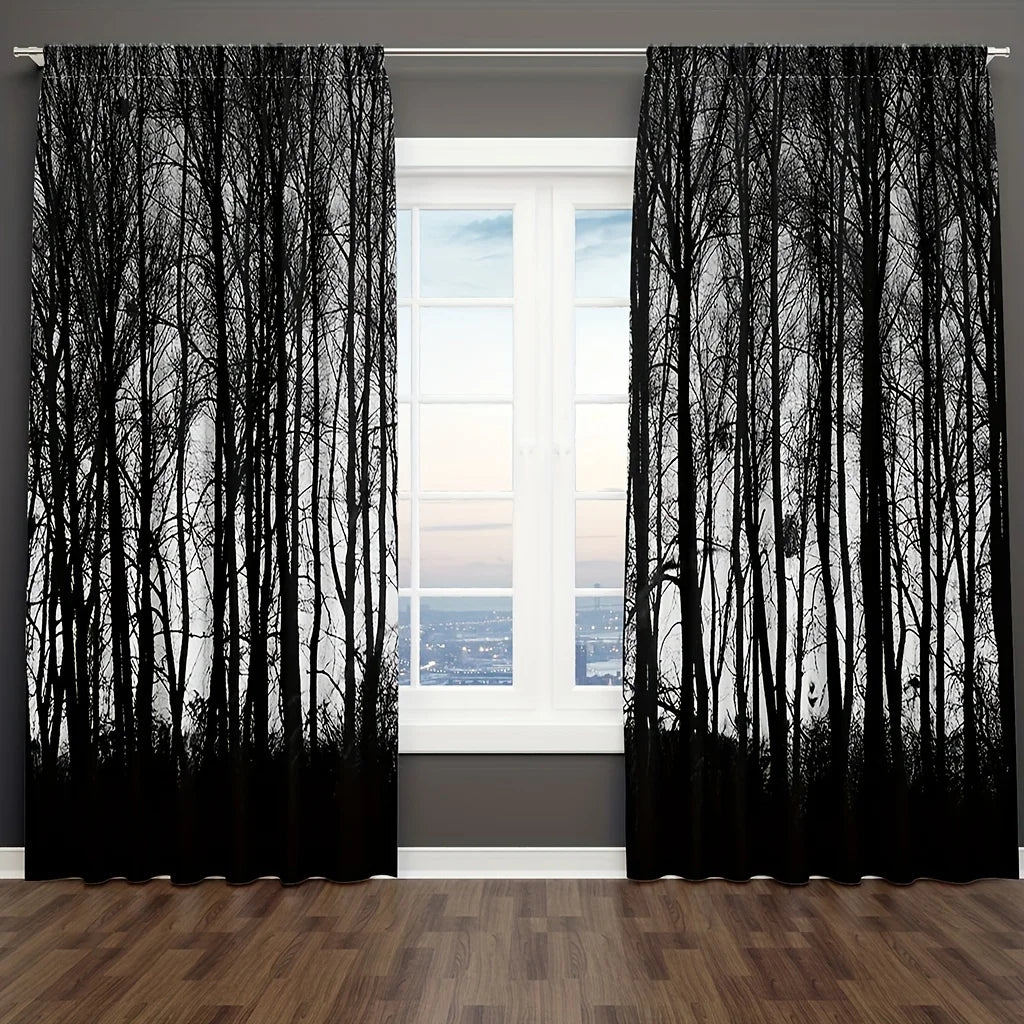 2PC Gothic Black Forest Curtains - Dark Misty Pine Blackout Rod Pocket Drapes for Bedroom & Living Room