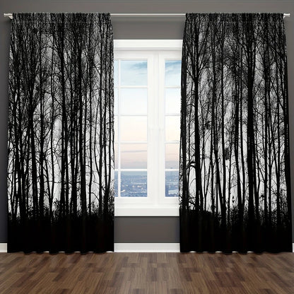2PC Gothic Black Forest Curtains - Dark Misty Pine Blackout Rod Pocket Drapes for Bedroom & Living Room