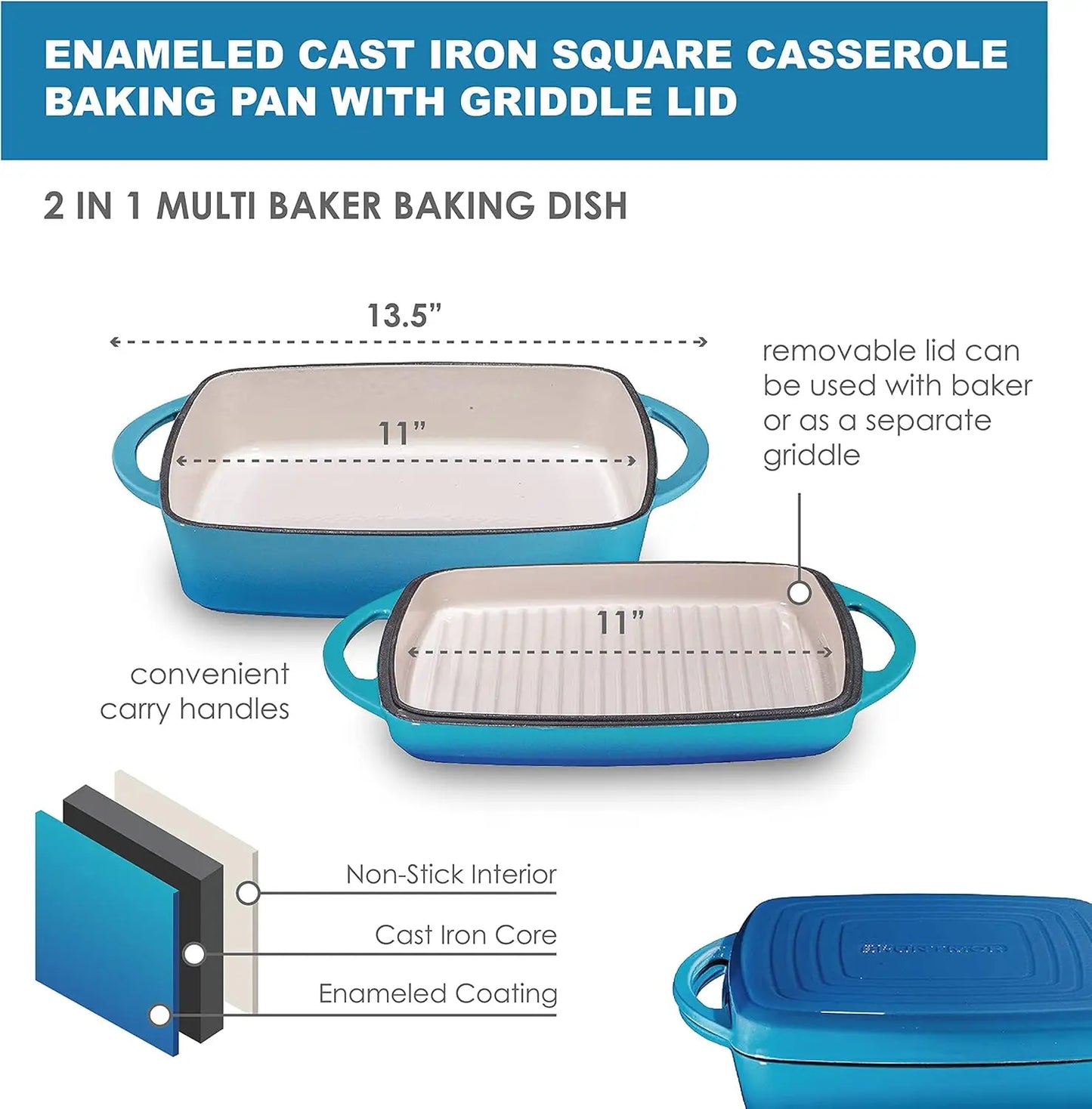 2-in-1 Pre-Seasoned Square Cast Iron Dutch Oven with Dual Handles, Non Stick Pan with Grill, All-in-One Cookware Set, Cast Iron