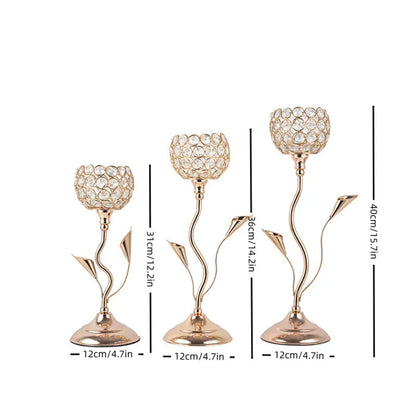 Gold Crystal Candle Holder, Iron Flower Shaped Candlestick Small Vintage Candlestick Set for Table Centerpiece Wedding Birthday