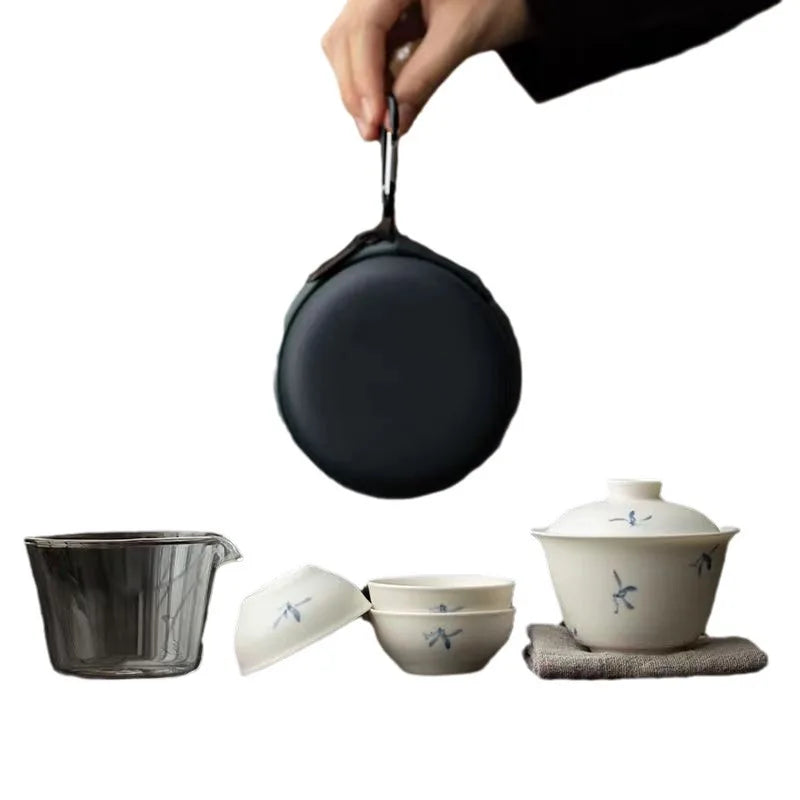 Hand Painted Orchid Travel Tea Set Suit Portable Portable Outdoor Tea Making Gaiwan Ceramic One Pot Fills Three Cups