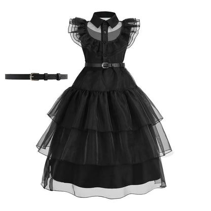 Meninas quarta -feira vestido crianças addams halloween roupas de família preta, crianças dançando costura de cosplay princesa fantasia de natal