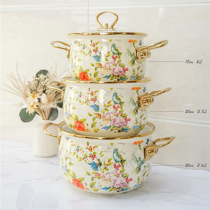 Enamel Soup Pot Retro Flower Bird Binaural Large Capacity Stew Pot with Lid Home Enamel Utensils for Kitchen Delicate Cookware