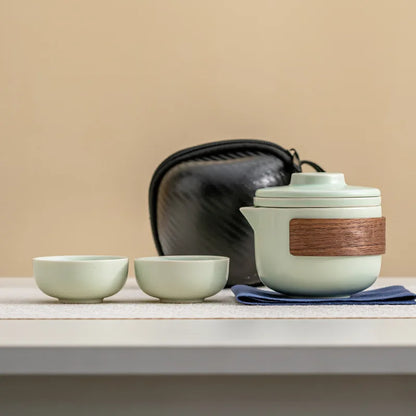 1 set of portable teacup set travel set ceramic kung fu tea set outdoor camping one teapot and two cups of gifts