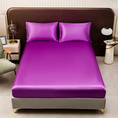 1Pc Satin Fitted Sheet Solid Colour Twin Full Queen Ice Silk Mattress Cover Natural With Elastic Band Bed Sheet (No Pillowcase)