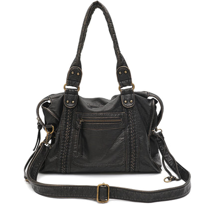 Vintage gewaschenes PU-Leder, große Kapazität, Reißverschlusstaschen, Zopfdekor, Schulter-Umhängetasche, Unisex, Damen, tägliche Reisehandtasche
