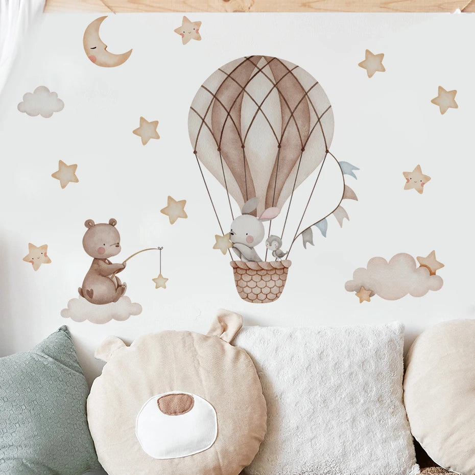 Cartoon Hot Air Balloon Animals Bear Rabbits Wall Stickers for Kids Room Boy Room Decoration Nursery Baby Room Decoration Decal