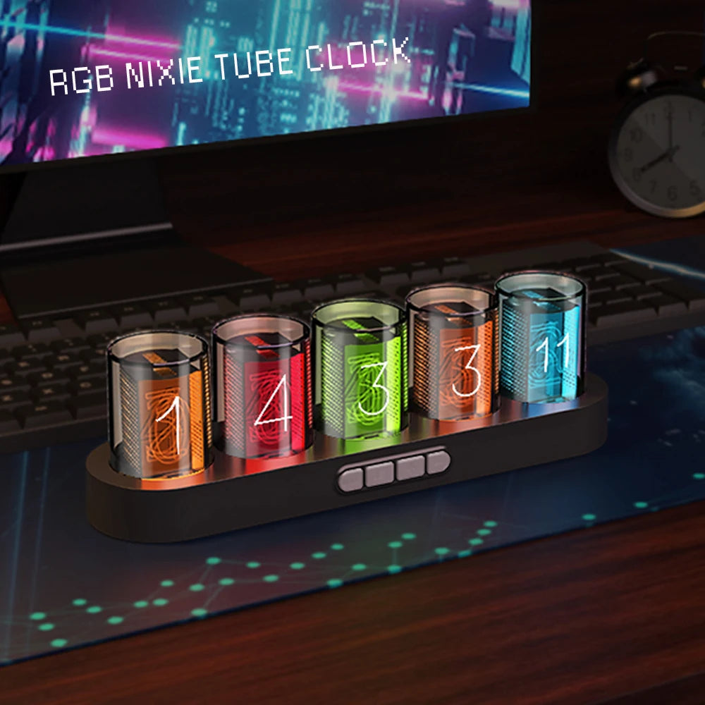 Цветни RGB светлини LED Nixie Tube Clock за декорация на работния плот за игра. Елате с луксозна кутия за подаръци.