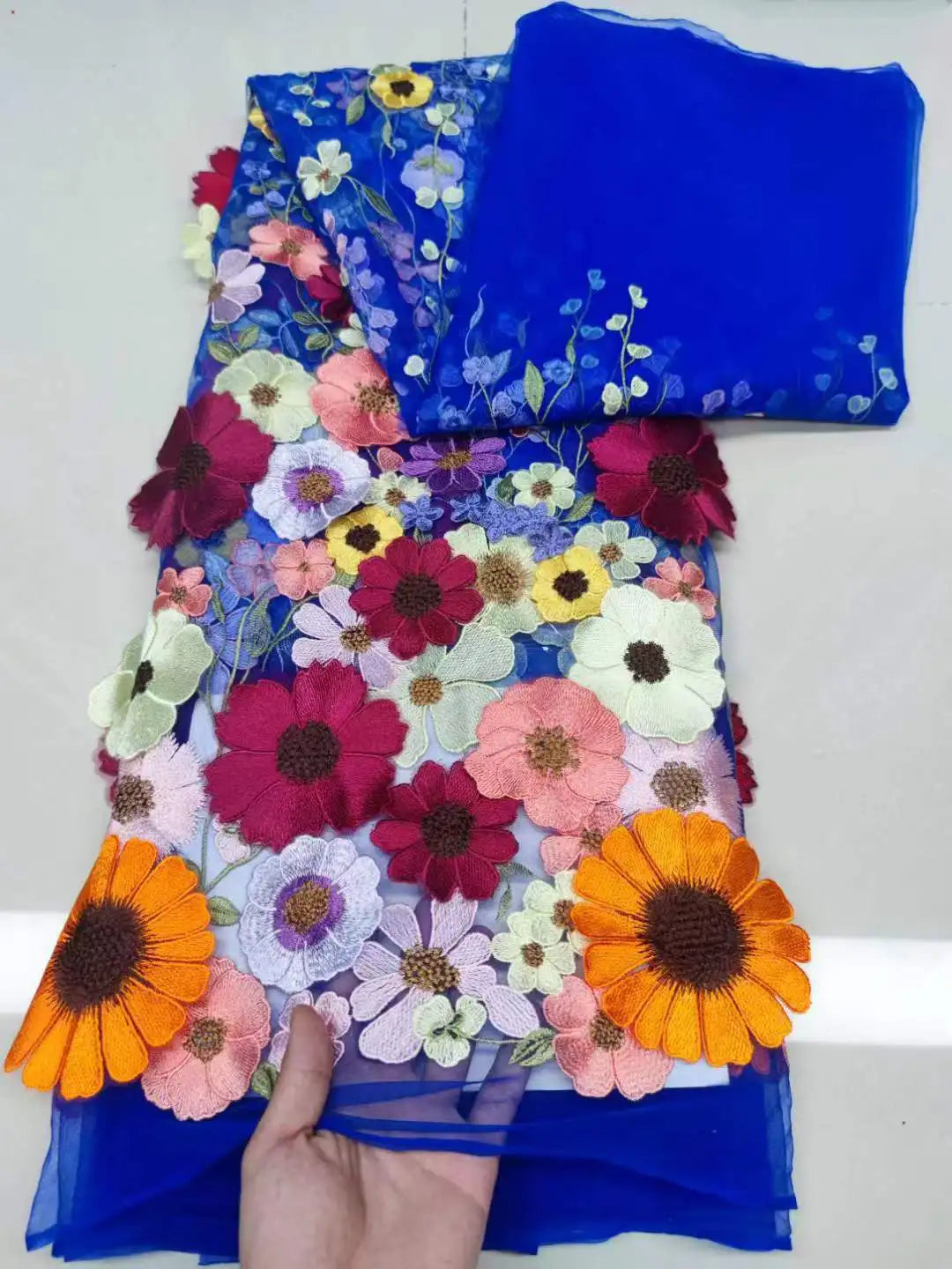 Colorful 3D Flower Lace Fabric DIY Wedding Dress Luxury Latest Three - dimensional sunflower floating soft mesh embroidery lace