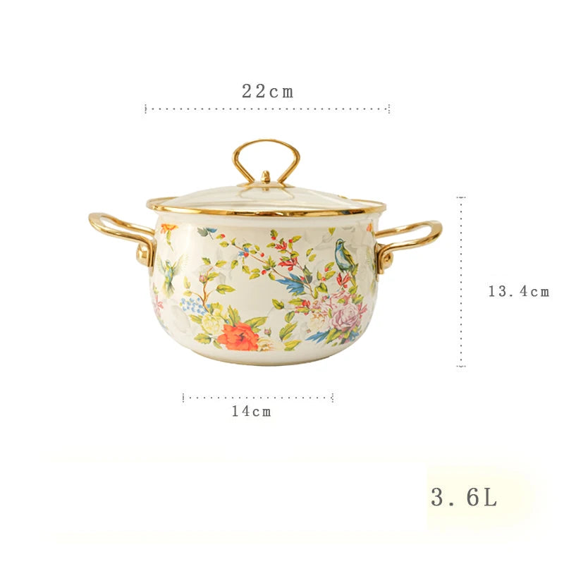 Enamel Soup Pot Retro Flower Bird Binaural Large Capacity Stew Pot with Lid Home Enamel Utensils for Kitchen Delicate Cookware