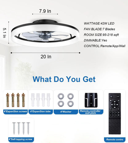 Modern ceiling fan with light and remote control, 19.7 "low-specification ceiling fan, with 6-speed and dimmable LED, APP 3CCT