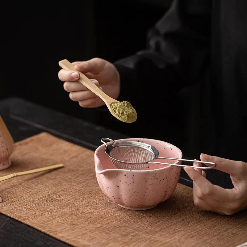Ink Dot Romantic Pink Purple 8pcs Matcha Kits Tea Set Ceramic Bowl Glass Cup Bamboo Whisk Stand Chasen Matcha Tea Gift Box Home