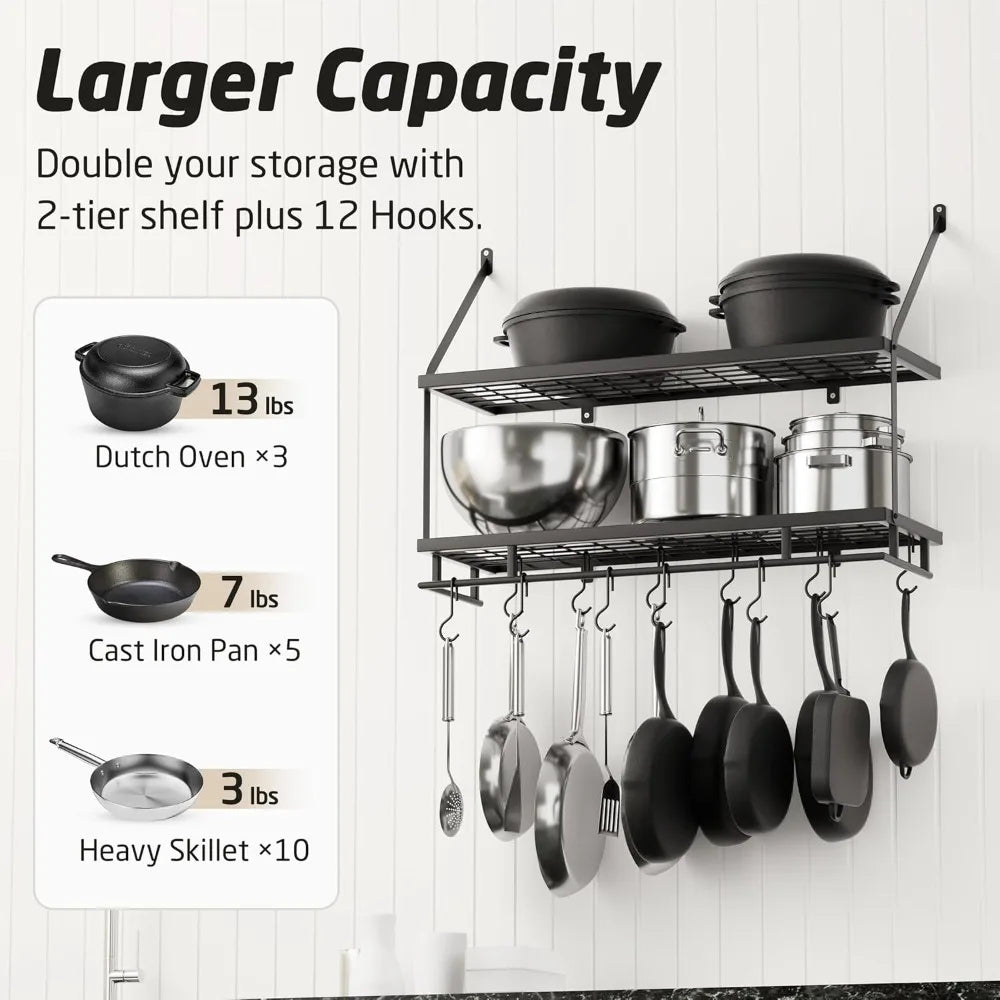 30-Inch Kitchen Pot Rack - Mounted Hanging Rack for Kitchen Storage and Organization - Matte Black 2-Tier Wall Shelf with Guard