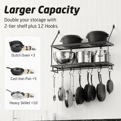 30-Inch Kitchen Pot Rack - Mounted Hanging Rack for Kitchen Storage and Organization - Matte Black 2-Tier Wall Shelf with Guard
