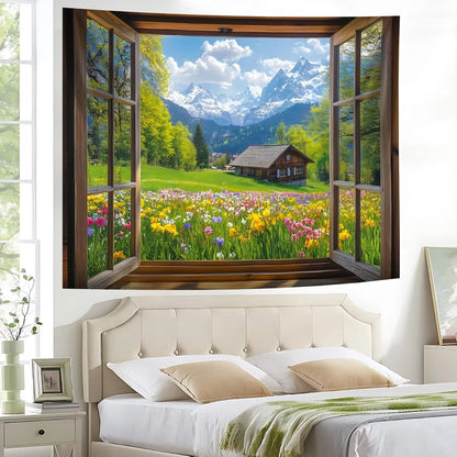 Window Tapestry, Outdoor Forest Tapestry Wall Hanging Natural Landscape Wall Mural for Bedroom Living Room Wall Art Home Decor