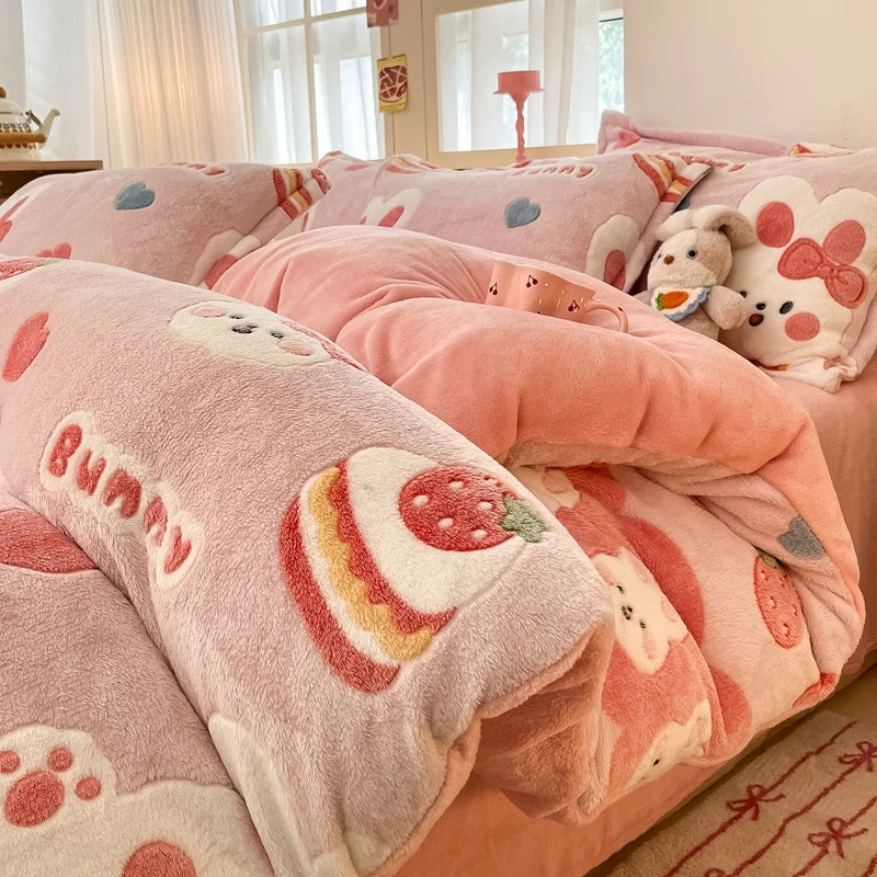 White Plant Flower Milk Velvet Duvet Cover Green Reversible Soft Skin-friendly Comforter Cover Adult Kid Bedroom Winter Bedding