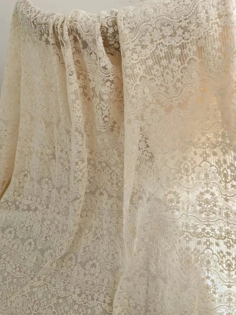 Ivory Beige Embroidered Mesh Tulle Lace Fabric With Tiny Daisy Flowers And Stripes for Apparel Sewing Fabric Curtain Decorative