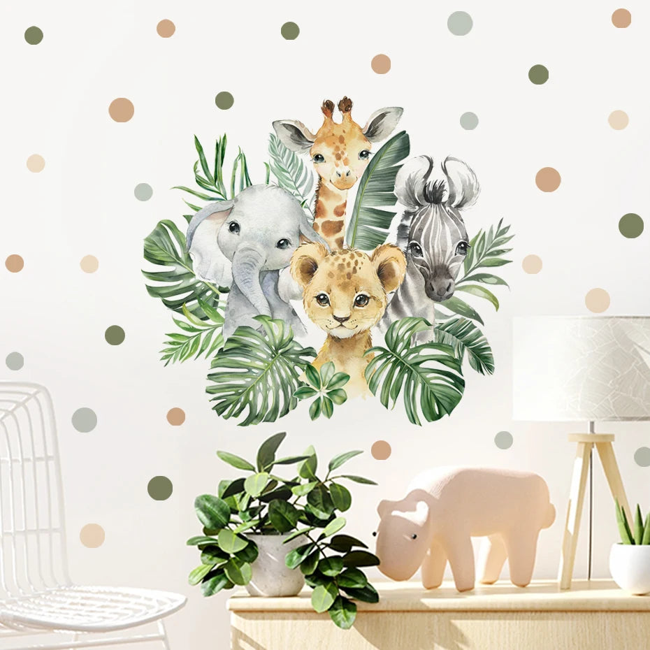 Cartoon Dschungeltiere Blätter Aquarell Vinyl Wandaufkleber für Kinderzimmer Baby Kinderzimmer Dekoration Elefant Giraffe Aufkleber