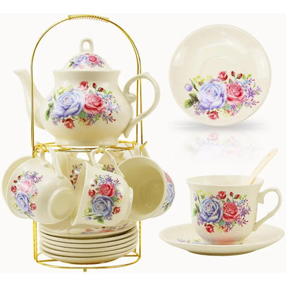 20-piece Bone China Tea Set, Gold Coffee Set, Gold Metal Rack, Home and Party Tea Gift Set (010)