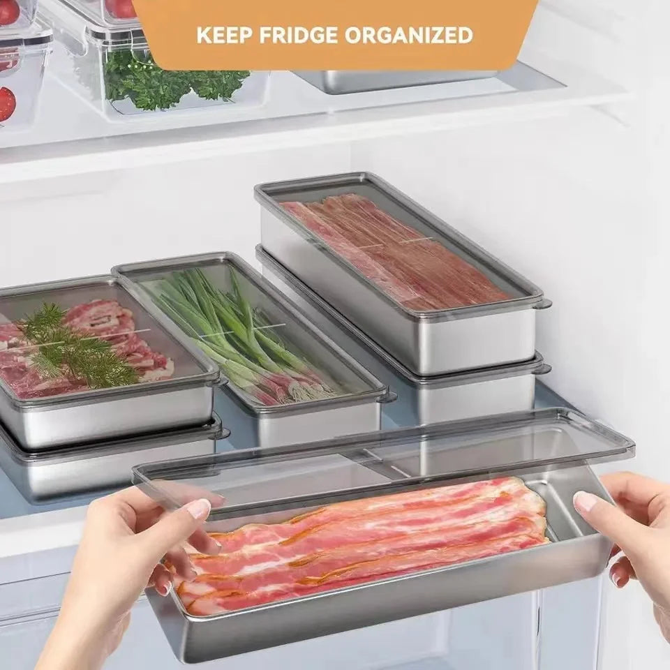 Refrigerador de acero inoxidable Caja de almacenamiento de carne Contenedores de almacenamiento de alimentos con contenedor organizador del refrigerador de tapa Almacenamiento de cocina