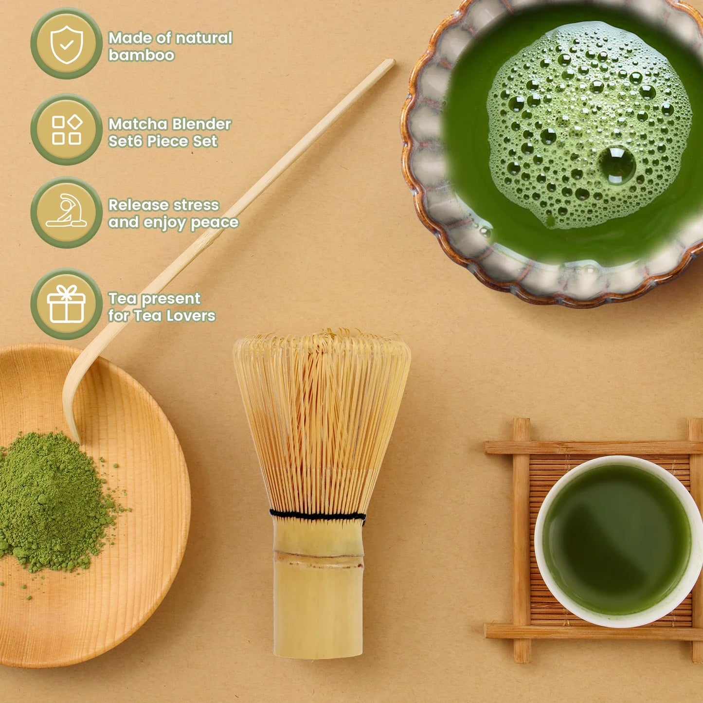 6Pcs Matcha TeaSet Exquisite Craftsmanship Japanese Matcha Making Set with Bowls Whisk&Holder Teaspoon Sifter Matcha Giftbox