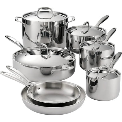 Tri-Ply Clad Stainless Steel 12-Piece Cookware Set with Lids, Pots and Pans Kitchen Set, Induction-Ready, Dishwasher-Safe, NSF-