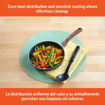 Nonstick Fry Pan Aluminum Speckled Kitchen Cookware Ergonomic Wood Look Handle Easy Clean Multi-Purpose Cooking Essential