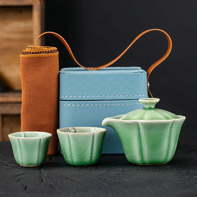 Jun Kiln Celadon Hand-grasp Pot Portable Travel Tea Set Kit Vintage 1 Pot 2 Cups Tea Maker Leather Tote Bag Kung Fu Teaset Gifts