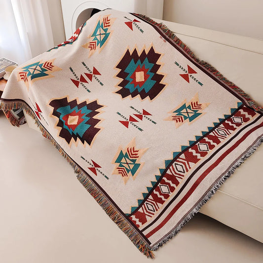 Aztec Blanket, Oversized Boho Throw Blanket with Fringe, Southwestern Geometric Tapestry Vintage Woven Throw Blankets, Double-Si