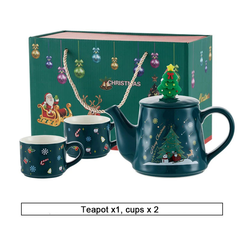 Christmas Ceramics Teaware Sets Coffee Cup & Saucer Santa Claus Elk Snowman Tea Pot and Cup Set Drinkware Xmas Gift 1 Pot 2 Cups