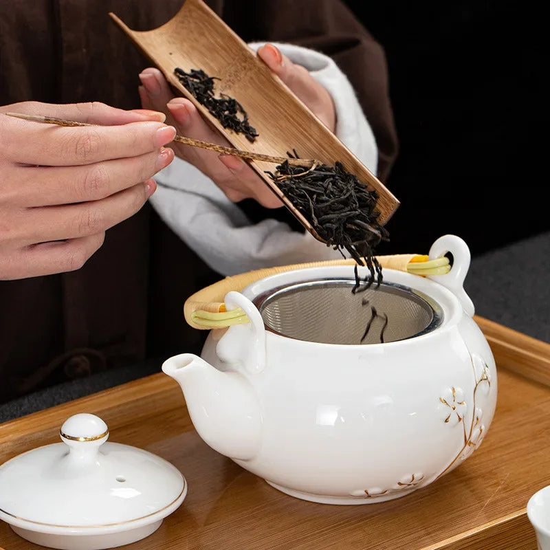 White Porcelain Gilded Relief Plum Blossom Teaware Sets Ceramic Large Lifting Beam Teapot and Tea Cup
