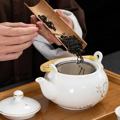 White Porcelain Gilded Relief Plum Blossom Teaware Sets Ceramic Large Lifting Beam Teapot and Tea Cup