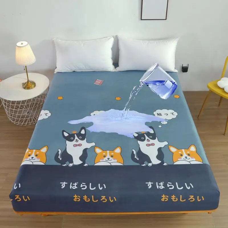 Kuup-Polyester 360° waterproof Cartoon Fitted Sheet Only(no pillowcase) Elastic Band Around Mattress Cover King Size Bed Cover