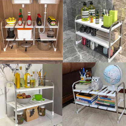 Versatile and Space-Saving Kitchen Sink Storage Rack - Retractable Shelf for Floor-to-Ceiling Cabinet, Pot Rack Included