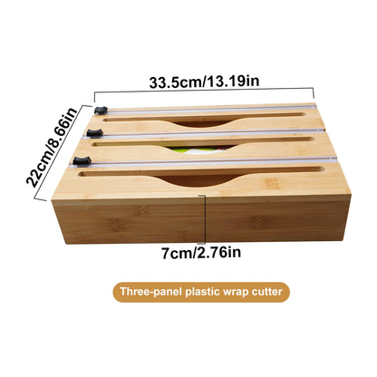 1pc Kitchen Wrap Dispenser With Foil & Cling Film Cutter Box, Bamboo Fresh Bag Cutting Holder, Trash Bag & Plastic Bag Wooden St