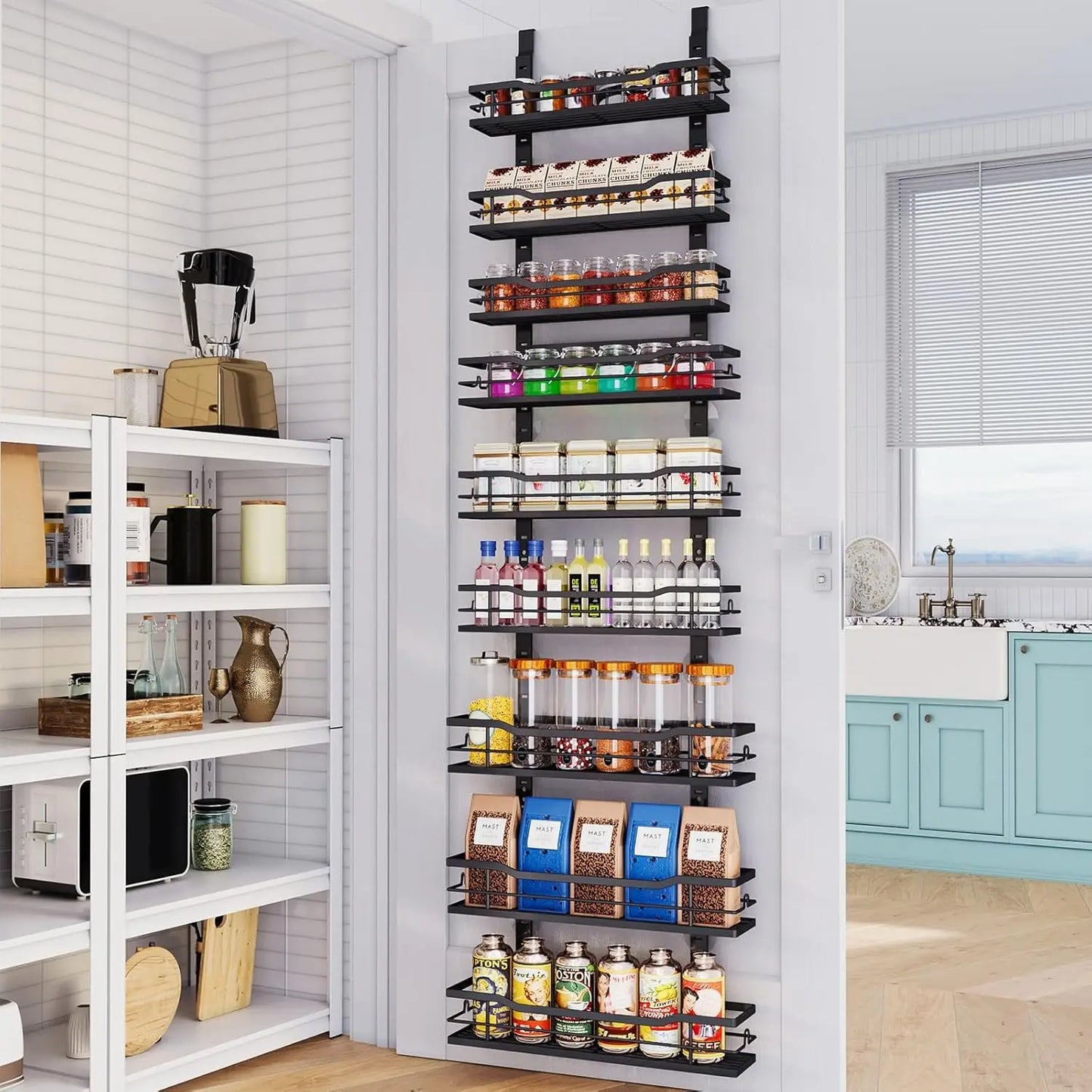 9-Tier Over The Door Organizer with Adjustable Basket，Metal Hanging Pantry Organizers and Storage for Kitchen, Back of Door