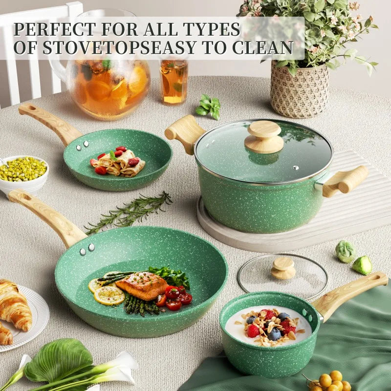 Inlandell 8 ppcs Kichenfichen Pan Stockpot Mëllech Dëppen Sets mat Glas Lids Nokon Free Stone Kachwäit kompatibel