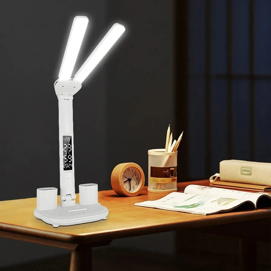 LED Clock Table Lamp USB Chargeable Touch Desk Lights 2 Heads 180 Rotate Foldable Eye Protection Desktop Reading Night Lights