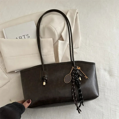 European American Retro Tote Bag, Korean Fashion Shoulder Bags Advanced Simple Handbag New Large Capacity Pendant Versatile Bags