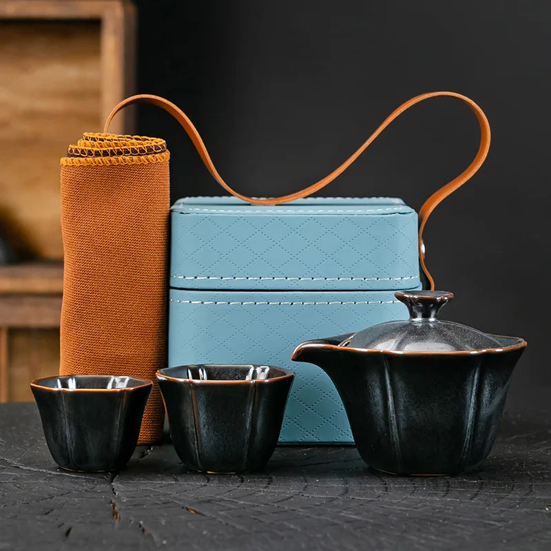 Jun Kiln Celadon Hand-grasp Pot Portable Travel Tea Set Kit Vintage 1 Pot 2 Cups Tea Maker Leather Tote Bag Kung Fu Teaset Gifts