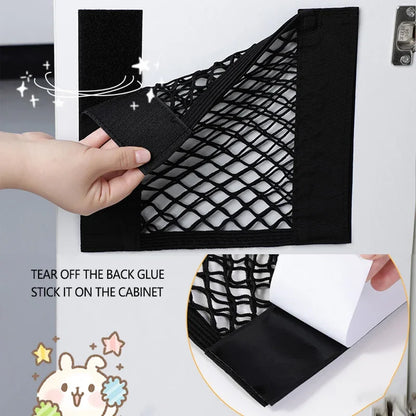 Storage Net Pocket Home Kitchen Cabinet Door Adhesive Sundries Bag Trunk Elastic Pocket with Nylon Fastener Tape Car Organizer