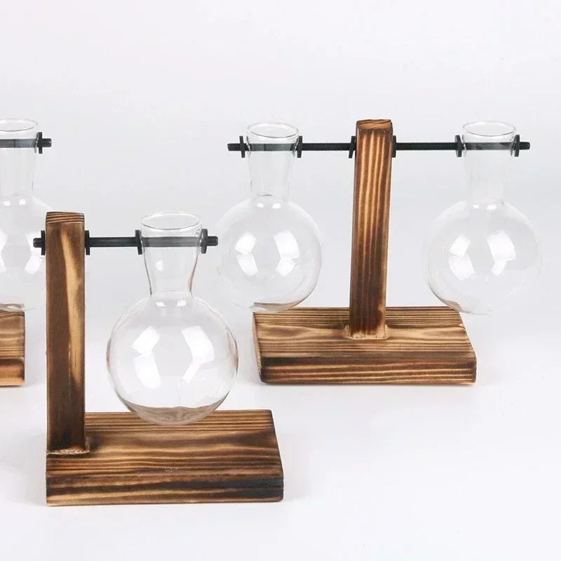 Terrarium Hydroponic Plant Vases Vintage Flower Pot Transparent Vase Træ ramme Glas Tableplanter Hjem Bonsai -indretning