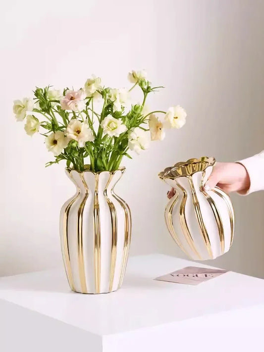Nordic Retro Gold Painted Cream White Ceramic Vase Living Room Coffee Table Flower Arrangement Vase  Girl Flower Pot  Home Decor
