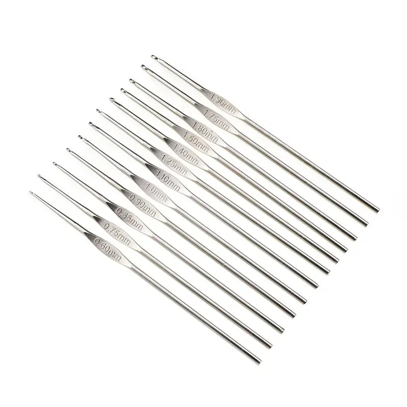 12pcs Metal Handle Crochet Hook Knitting Needles Set Small Sizes 0.6-1.9mm DIY Lace Crochet Needles for Yarn Weave Tools