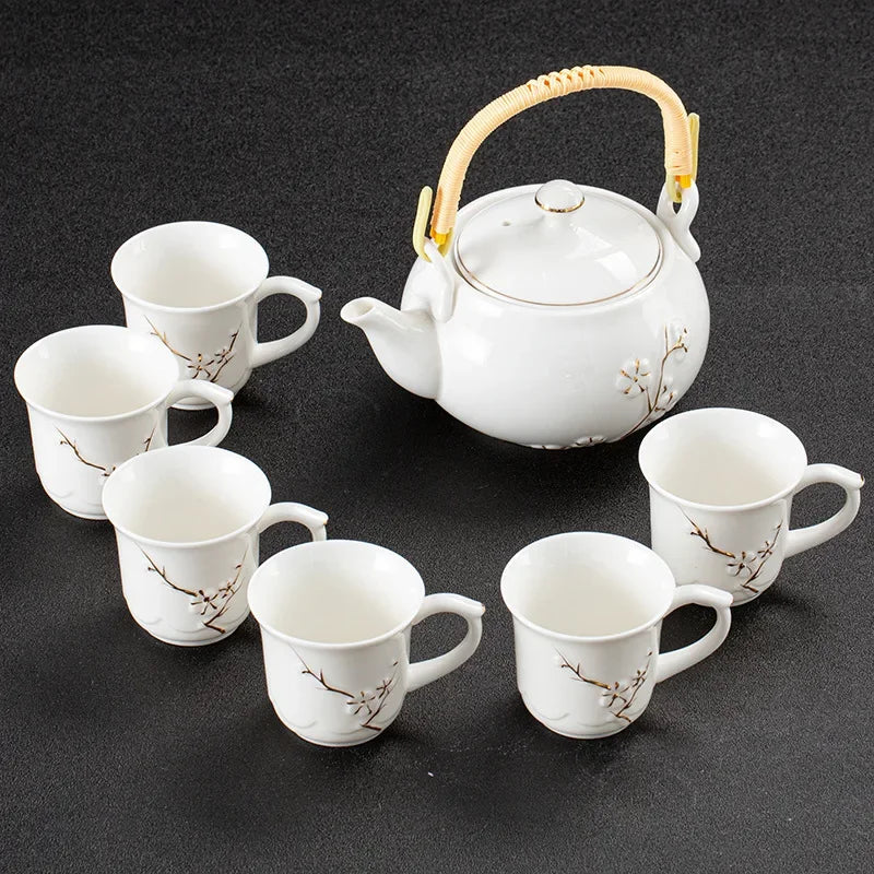 White Porcelain Gilded Relief Plum Blossom Teaware Sets Ceramic Large Lifting Beam Teapot and Tea Cup