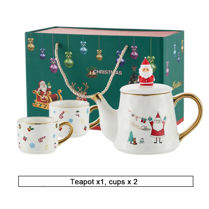 Christmas Ceramics Teaware Sets Coffee Cup & Saucer Santa Claus Elk Snowman Tea Pot and Cup Set Drinkware Xmas Gift 1 Pot 2 Cups