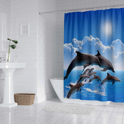 Dolphin Shower Curtain Blue Underwater World Marine Life Polyester Fabric Kids Ocean Theme Bathroom Decor Set with 12 Hooks