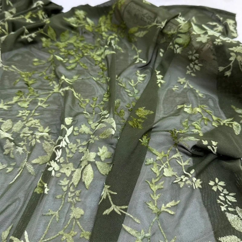1Yard Dark Green Flocking Mesh Fabric Retro Jacquard Brocade Burnout Fabrics Tulle Lace Fabric for Sewing Dress Cheongsam