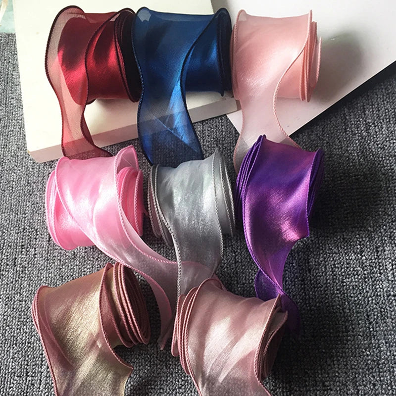 5m 55 mm de hilo de pescado Anarn Organa Ribbon para bricolaje de cabello para el cabello Bouquet Regalo envolviendo ola de seda organa cintas de encaje tela