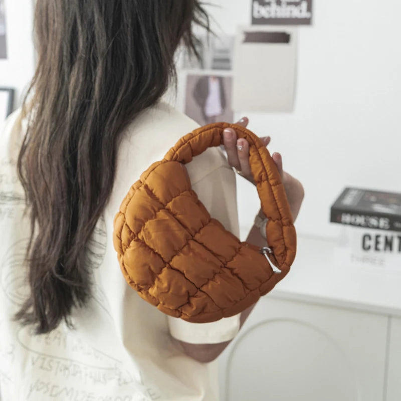 Fashion Mini Puffer Tote Bag Quilted Circle Phone Purse Elegant Purple Soft Nylon Padded Key Pouch Simple Trend Handbag